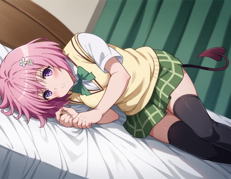 score_9, score_8_up, score_7_up, source_anime,momodeviluke, <lora:momo-deviluke-darkness-ponyxl-lora-nochekaiser:1>,momo deviluke, demon tail, hair flower, hair ornament, purple eyes, pink hair, short hair, tail,demon tail, green skirt, plaid, plaid skirt, sainan high school uniform, school uniform, skirt, sweater vest, thighhighs, yellow sweater, short sleeves, bow, green bow,indoors, bed, bed room, on side, blush, drunk,looking at viewer, cowboy shot, dutch angle, solo,