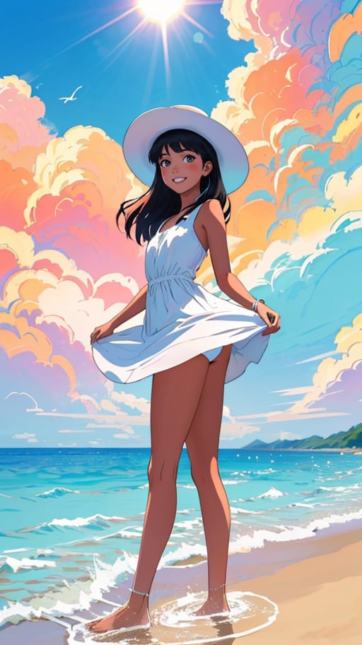 (best quality, masterpiece, highres:1.2), upskirt view, anime young caramel tan skin small girl, long straight black hair, enjoy play with water, beach, small white simply swimsuit, tan lines, armonic design, peacefull, big white hat, smiling, shining sun in the sky, flare lens, funny coloured clouds, dim colors