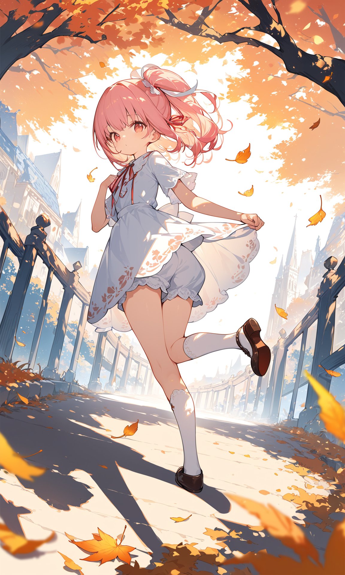 (((full body))),finely detail,Depth of field,(((masterpiece))),((extremely detailed CG unity 8k wallpaper)),best quality,high resolution illustration,Amazing,intricate detail,(best illumination, best shadow, an extremely delicate and beautiful),1girl,full body,(loli:1.2),pink hair,hair,legwear,bloomers,autumn,falling leaves,standing on one leg,