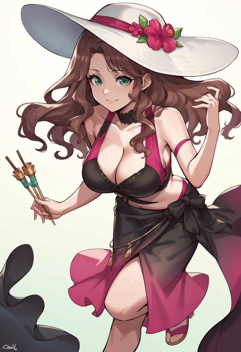 score_9, score_8_up, score_7_up, source_anime,  mldorbk, black bikini, brown hair, green eyes, high heel sandals, jewelry, large breasts, long hair, sarong, sun hat, gradient clothing, pink straps, <lora:dorothea-take-1pdxl:0.9>, smile, cleavage, collarbone,  bare shoulders, sleeveless, hair sticks