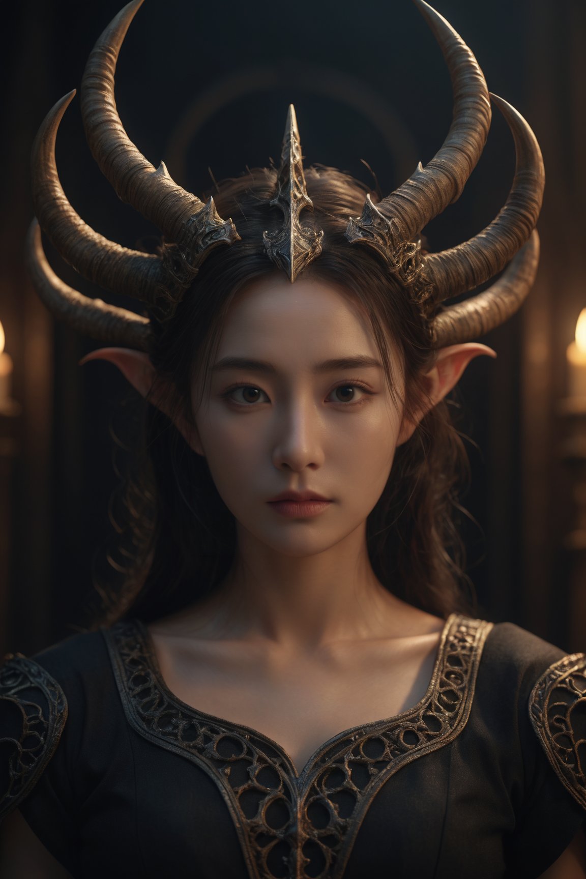 (dark magic), (grim), ten horns, ten diadems, (intricate details), (hyperdetailed), 8k hdr, high detailed, lot of details, high quality, soft cinematic light, dramatic atmosphere, atmospheric perspective