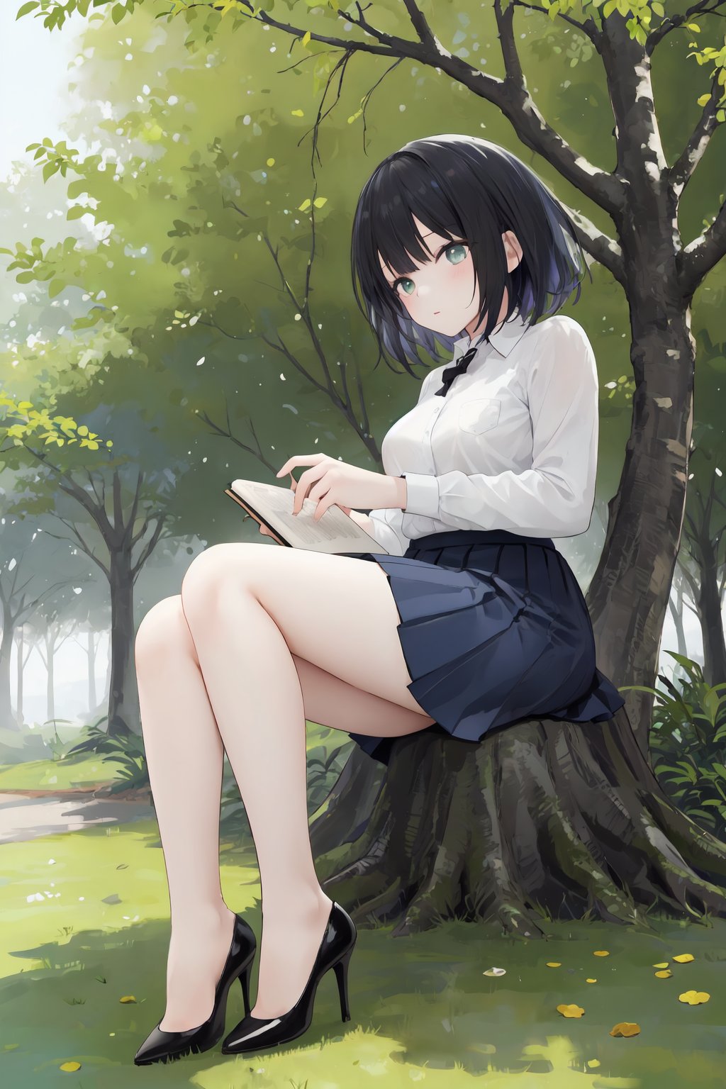 girl in high heels and wearing a skirt by a tree holding a book, 1girl, solo, skirt, high heels, shirt, black hair, short hair, blue skirt, white shirt, outdoors