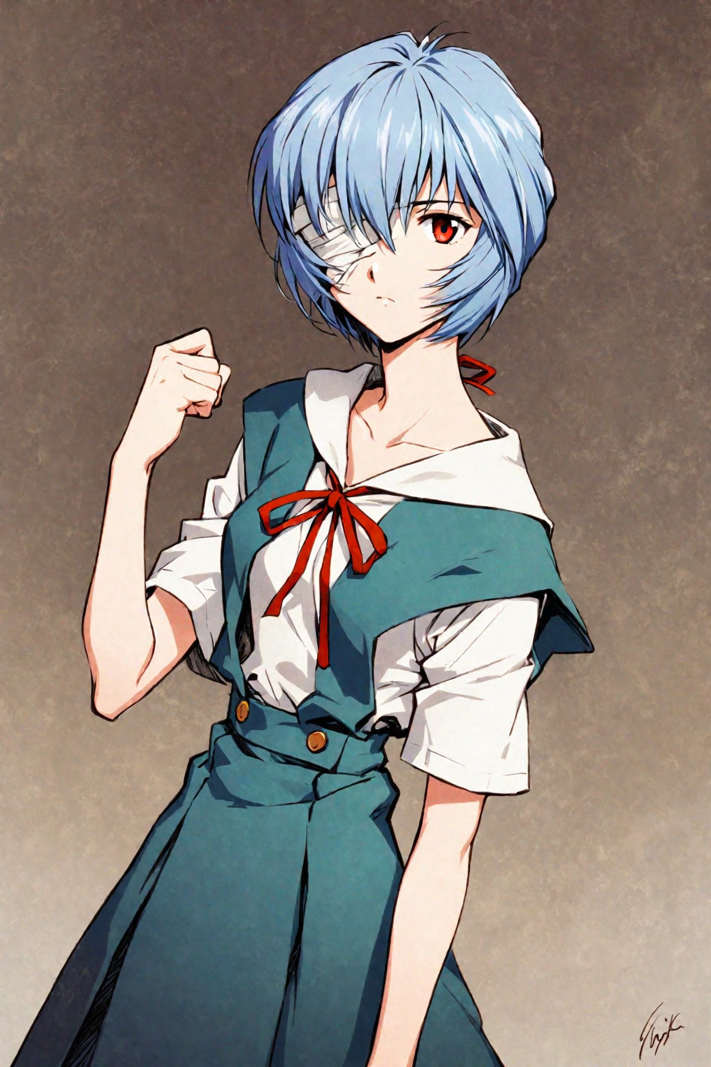 1girl,ayanami rei,short hair,blue hair,bandages,school uniform,solo,bandage over one eye,red eyes,ribbon,looking at viewer,tokyo-3 middle school uniform,shirt,short sleeves,closed mouth,neck ribbon,clenched hand,white shirt,cowboy shot,hand up,skirt,red ribbon,bandaged head,suspender skirt,expressionless,bangs,collarbone,signature,standing,bow,suspenders,arm at side,<lora:Sadamoto Yoshiyuki_XL_V3:0.8>,