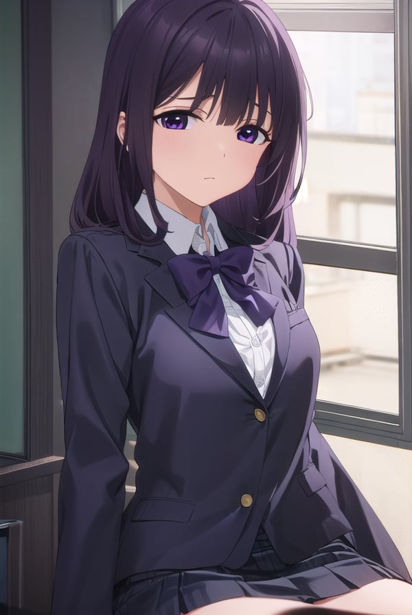 rionashijou, <lora:riona shijou s1-lora-nochekaiser:1>,riona shijou, bangs, purple hair, (purple eyes:1.1), medium hair,BREAK skirt, long sleeves, school uniform, jacket, socks, black skirt, two side up, black jacket, kneehighs, blazer, black socks, bow, bowtie, stripped, stripped bowtie,BREAK indoors, classroom,BREAK looking at viewer, (cowboy shot:1.5),BREAK <lyco:GoodHands-beta2:1>, (masterpiece:1.2), best quality, high resolution, unity 8k wallpaper, (illustration:0.8), (beautiful detailed eyes:1.6), extremely detailed face, perfect lighting, extremely detailed CG, (perfect hands, perfect anatomy),