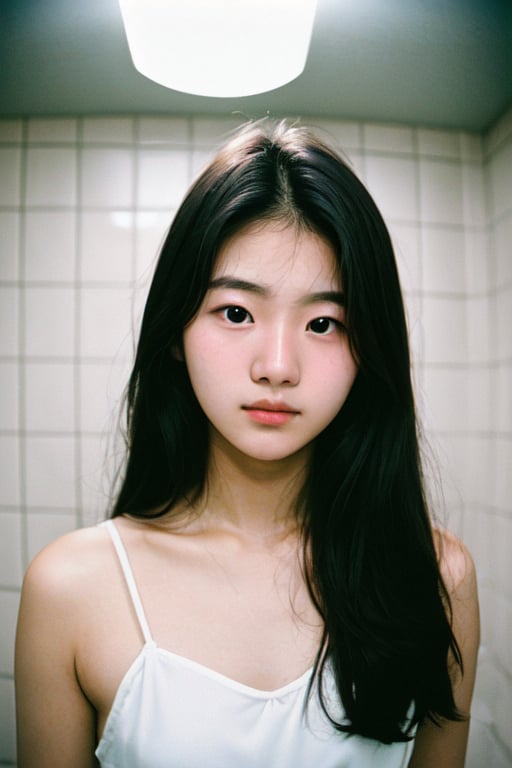 flash photography,from front,photo of (a beautiful 18-year-old Korean idol),face close-up,( bathroom background), Raw format,  studio lighting,  analog photography aesthetic,