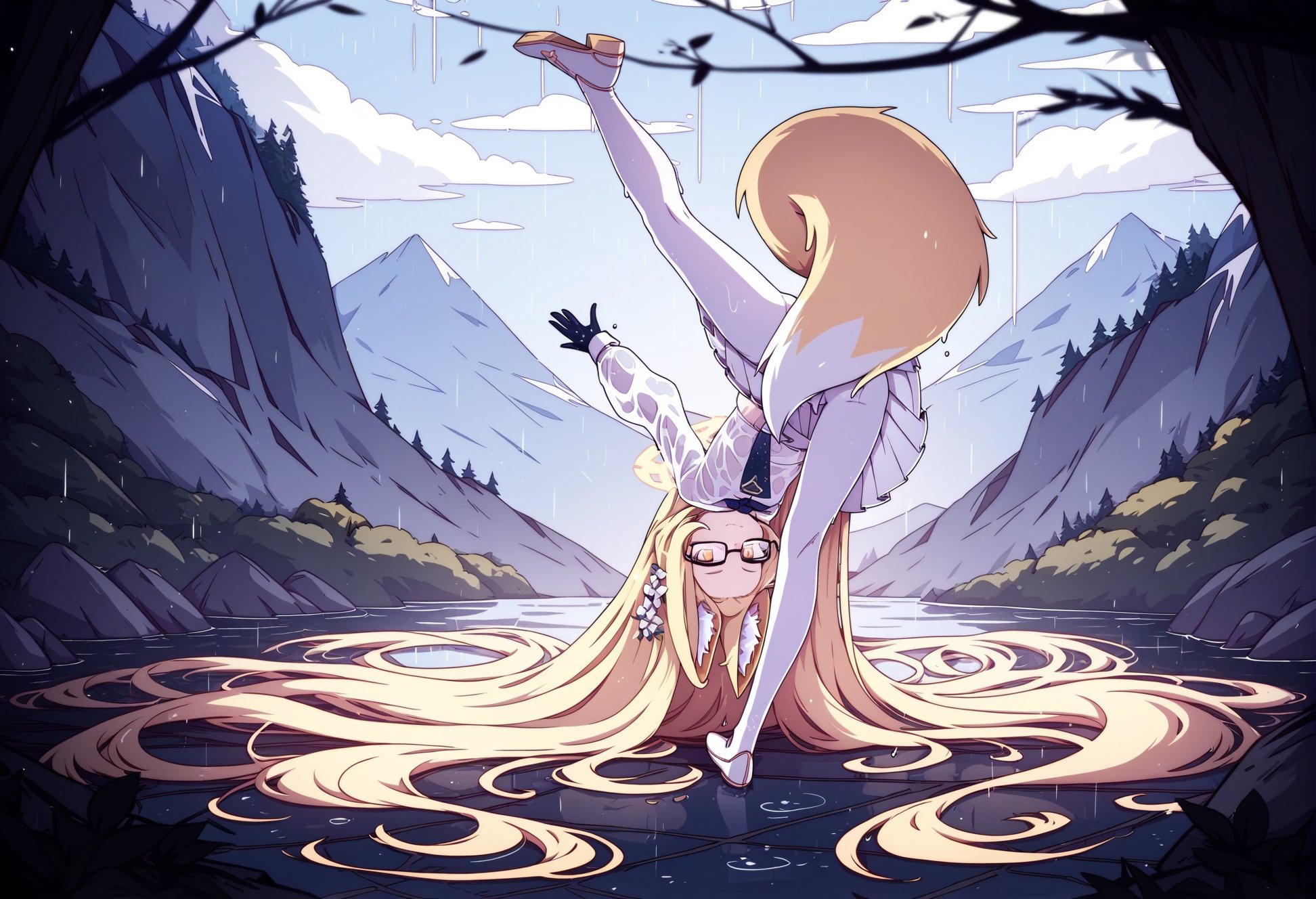 by kate fox, masterpiece, best quality,1girl, seia \(blue archive\), fox girl, fox ears, fox tail, animal ear fluff, blonde hair, multicolored eyes, absurdly long hair, forehead, from under, posing,small breasts, yellow halo, bent over, upside-down,  one leg stand, from behind, ass, tail censor, full body,heavy rain, wet clothes, short pleated skirt,glasses,frown,hair flower, epic scenery of mountain range in asian rainforest, sky, clouds