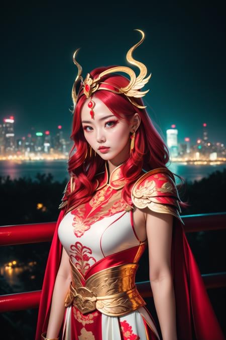 cinematic photo 1girl,solo, beautiful adult woman, [red hair] hair high detail, best quality, high quality,  <lora:DragonArmor-66:0.8>, dr4g0n, moody composition,rim lighting, ancient shrine,  (forehead jewel), china dress,  (headdress),  ((luminescent, neon, cityscape)) . 35mm photograph, film, bokeh, professional, 4k, highly detailed