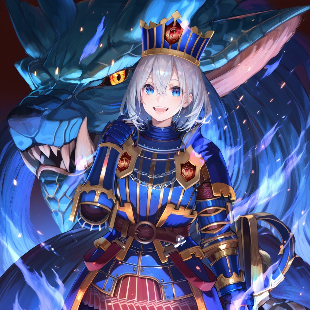 (score_9:0.9),score_8_up,score_7_up,rating_safe,anime style,(zPDXL),<lora:Lunastra armor ponyXL v2.5:0.93>,Lunastra armor,blue gauntlets,blue crown,blue eyes,open mouth,blue dragon,looking at viewer,smile,fire,teeth,solo,blue hair,yellow eyes,hair between eyes,short hair,grey hair,blue fire,