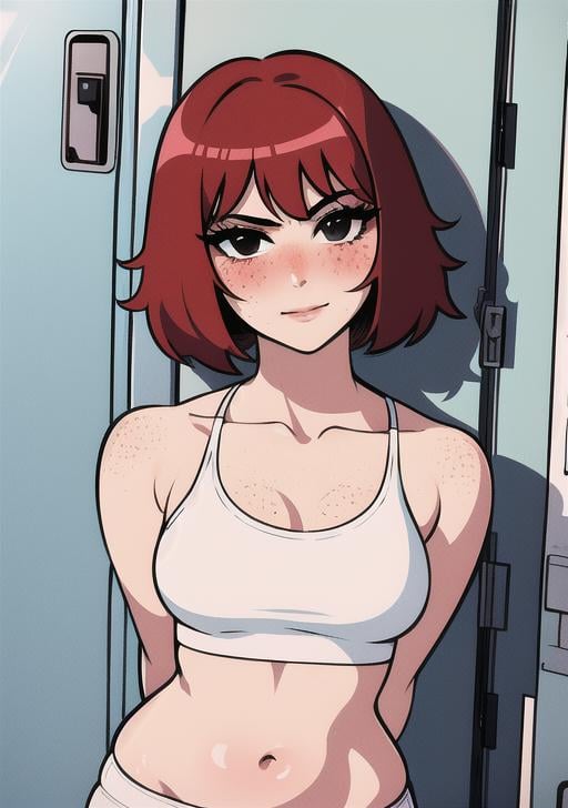 kim_pine, 1girl, solo, looking_at_viewer, blush, short_hair, bangs,navel, collarbone, red_hair, cowboy_shot, black_eyes, shadow, arms_behind_back, freckles, cleft_of_venus, locker , <lora:KimPine:0.9>