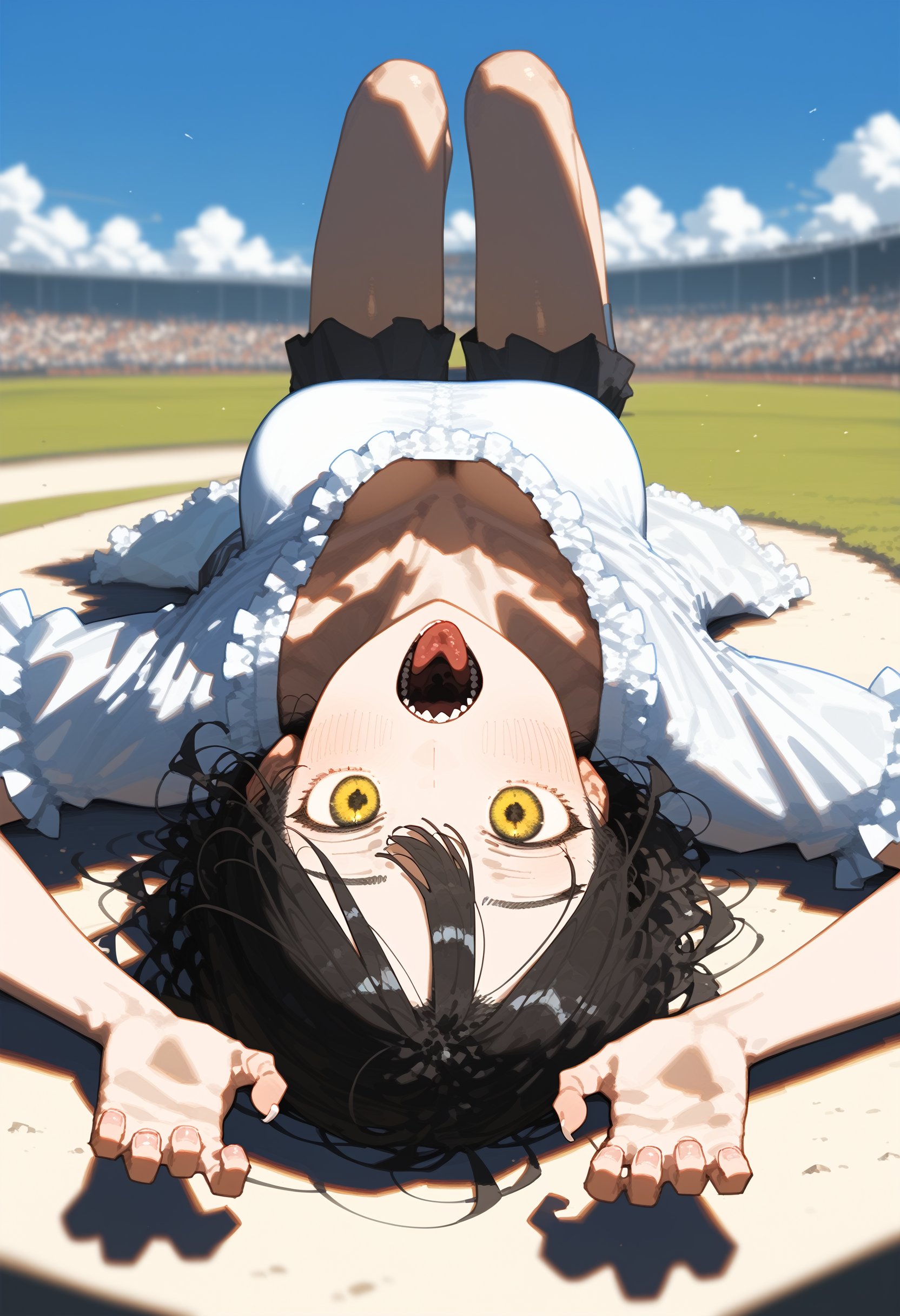 score_9, score_8, score_7, score_6, masterpiece, best quality, amazing quality, very aesthetic, absurdres, depth of field, 1girl, blush, breasts, claw pose, collarbone, full body, knees up, looking at viewer, lying, on back, open mouth, solo, teeth, tongue, upside-down, white blouse