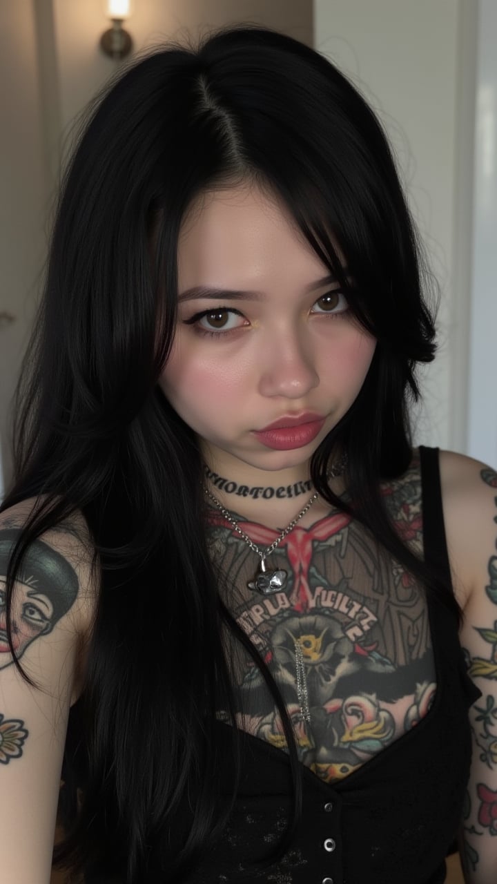 goth girl, long black hair, tattoo, selfie, woman, gritty, Goth Girl