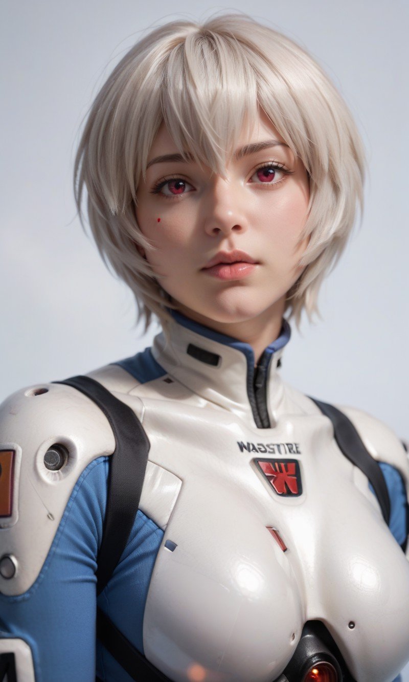 score_9, score_8_up, score_7_up, best quality, masterpiece, realistic, Rei Ayanami, mysterious pilot, white hair, red eyes
