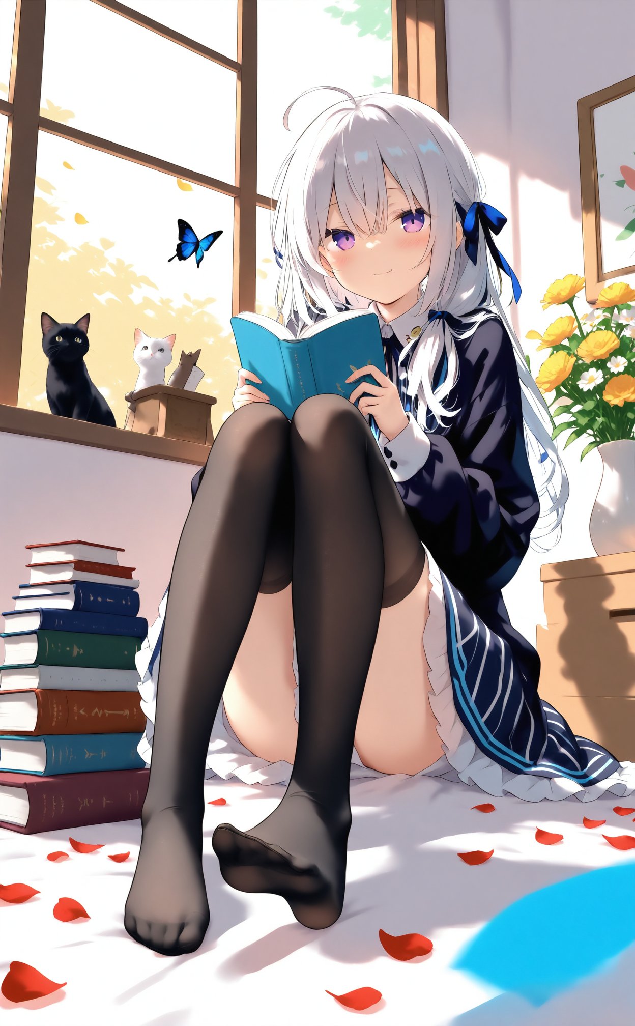 masterpiece,best quality,high quality,(colorful),nai3 Style,loli,Artist azuuru,1girl,ahoge,thighhighs,book,cat,window,smile,solo,sitting,flower,cup,long hair,black thighhighs,holding,indoors,hair between eyes,purple eyes,striped dress,white hair,day,bow,closed mouth,butterfly,ribbon,long sleeves,vertical-striped dress,petals,dress,vase,no shoes,holding cup,blush,knees up,bug,jacket,cover image,hair ribbon,looking at viewer,hair over shoulder,animal,collared shirt,shirt,holding book,soles,book stack,