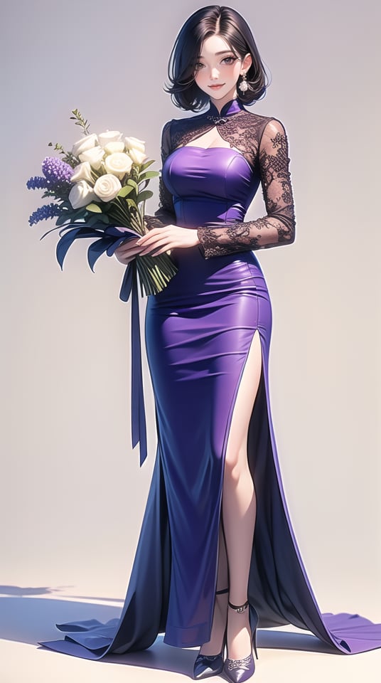 (best quality), ((masterpiece)), (highres), illustration, original, extremely detailed,dbj, 1girl, solo, flower, full body, bouquet, breasts, dress, holding, jewelry, earrings, simple background, long sleeves, side slit, looking at viewer, purple dress, smile, white background, black hair, standing, medium hair, pink flower, purple footwear, rose, closed mouth, shadow, white flower, pink rose, hair over one eye, holding bouquet, long dress, blush, brown eyes, chinese clothes, high heels, purple flower, bangs, parted bangs, white rose, medium breasts, large breasts