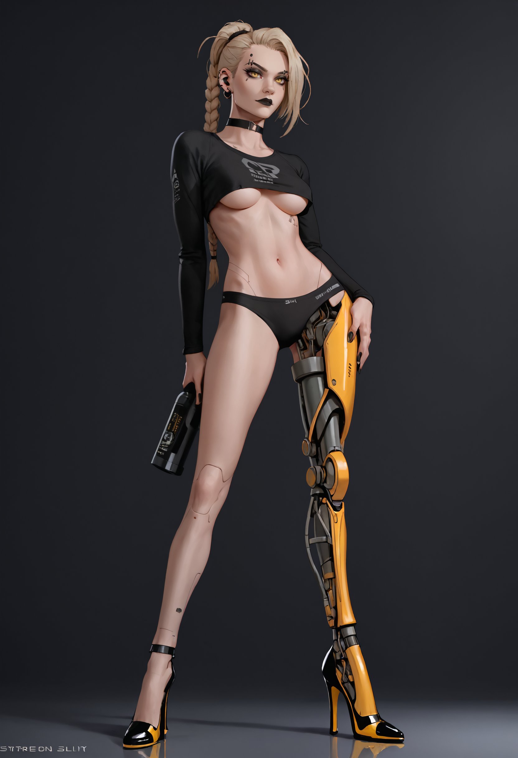 score_9, score_8_up, score_7_up, score_6_up, score_5_up, score_4_up, cyborg girl, eyebrow piercing, goth girl, choker, bored expression, light smile, adult female, skinny, fit female, tall slim female, crop top, fair skin, (helmet:0.3), pink color armor with yellow straps, long braided ponytail, medium breasts, holding a weapon, (bipedal legs, mechanical high heels, prosthetic legs:1.4), hand on own hip, briefs, blonde hair, mechanical joints, black painted nails, underboob, <lora:ArmorPunkV3-000002:1>, arm0rpunk,