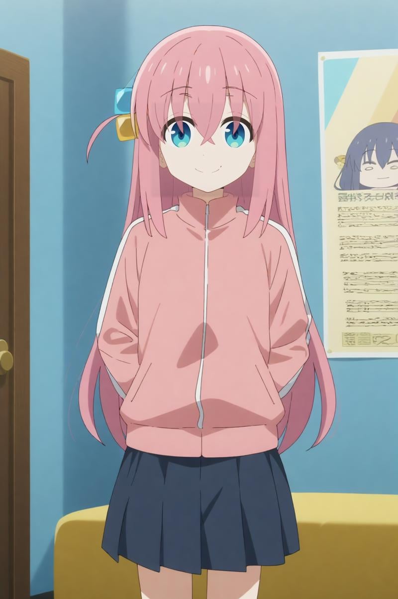 hitori gotoh,anime screencap,1girl,solo,bangs,hair between eyes,jacket,cube hair ornament,hair ornament,track jacket,pink jacket,skirt,music room,smile, rock poster,standing,hands behind the back    <lora:Hitori_Gotoh.safetensors:0.8>