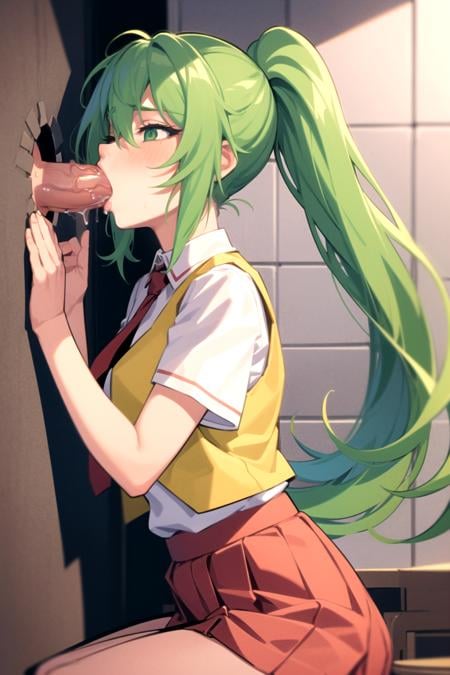 best quality, masterpiece, 1girl, glory hole, fellatio, penis,1boy,  Mion Sonozaki, green hair, green eyes, ponytail, white shirt, red necktie, yellow vest, red skirt,