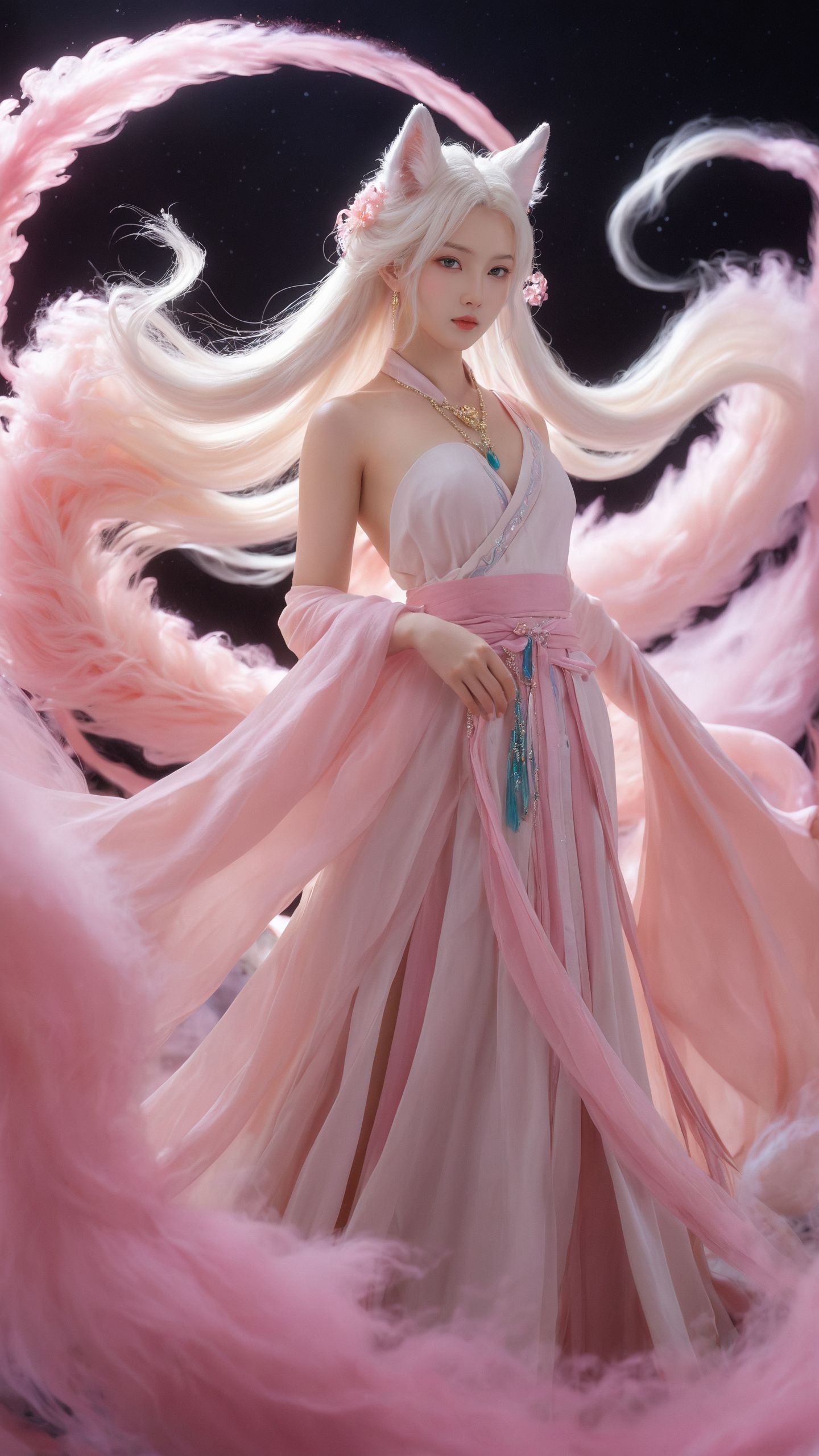 1girl,(full body:1.1),(facing camera:1.1),(nine-tailed fox tail:1.2),(navel:1.1),(multiple tails:1.3),This image showcases A beautiful girl,wearing a gorgeous Hanfu and exquisite jewelry on her head,(flowing white hair and fox-like ears:1.2),pink smoke swirls around .,(The long nine-tailed fox tail is look like clouds:1.4),the light pink color scheme creates a soft tone,pink smoke swirls around,an ethereal aura and mysterious atmosphere .,It is a high definition wallpaper with perfect details,super resolution,and high definition images.,The delicate brushstrokes are in the style of fantasy with mysterious colors and soft lighting effects.,(looking at viewer:1.1),medium breasts,barefoot,white tail,ray tracing,shadows,ultra sharp,metal,cold colors,Epic CG masterpiece,(3D rendering),facing camera,masterpiece,best quality,((ultra realistic details:1.5)),glass-like sparkling eyes are blurry and dreamy,(muscle tone and definition),(finely detailed features),stunning colors,cinematic lighting effects,super wide Angle,light particles,light particle art,glowing,dynamic poses,surreal,futurism,concept art,exquisite facial features,super delicate face,