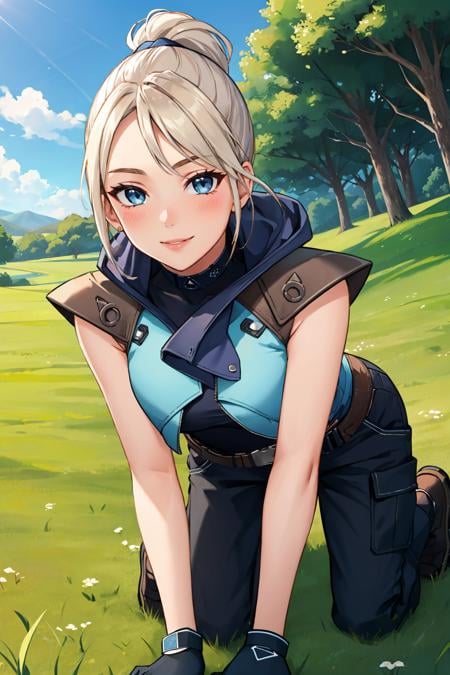 masterpiece, best quality, 1girl, <lora:valorantjett-nvwls-v1-000009:0.9> valorantJett, short ponytail, blue jacket, sleeveless, cropped jacket, black bodysuit, belt, black pants, black gloves, all fours, wink, smile, looking at viewer, grass, blue sky