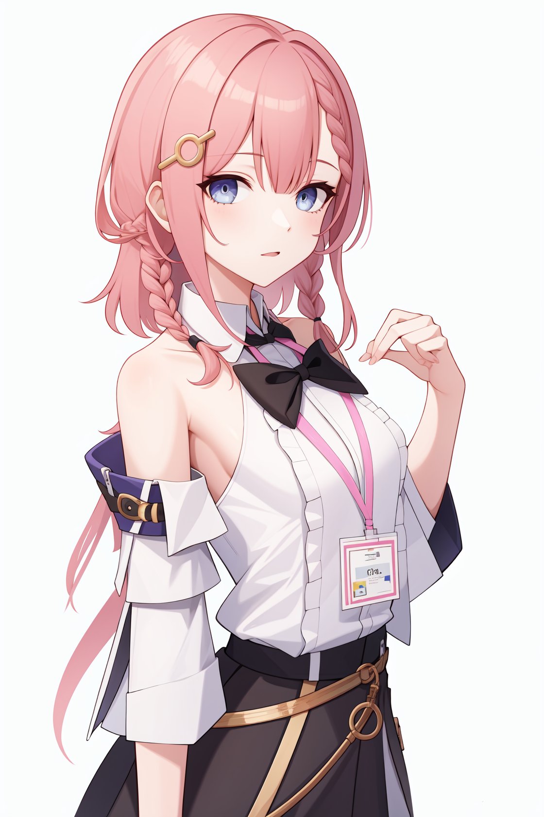 <lora:艾丝妲v2:1:lbw=char>,asta,1girl,pink hair,braid,hair ornament,white shirt,bare shoulders,long hair,detached sleeves,sleeveless shirt,black skirt,id card,bowtie,, (masterpiece,best quality:1.2),absurdres, high quality,