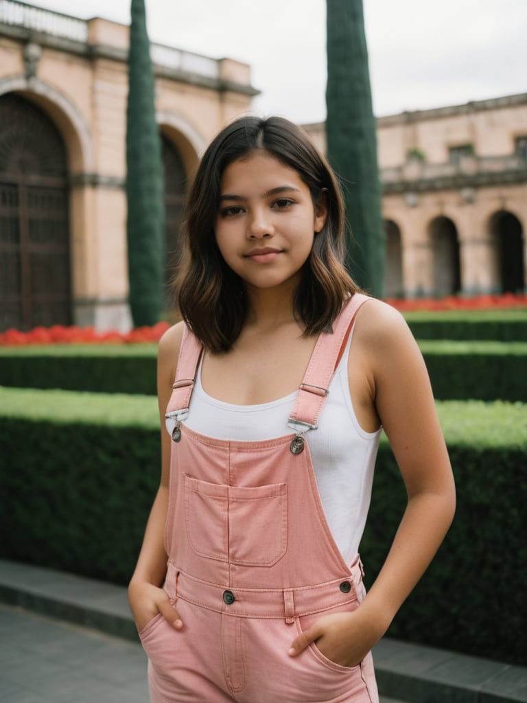best quality, casual a young girl 18yo skin skin-color color stand in mexico, mexico city, overalls, General_Camera  50mm f1.2 len