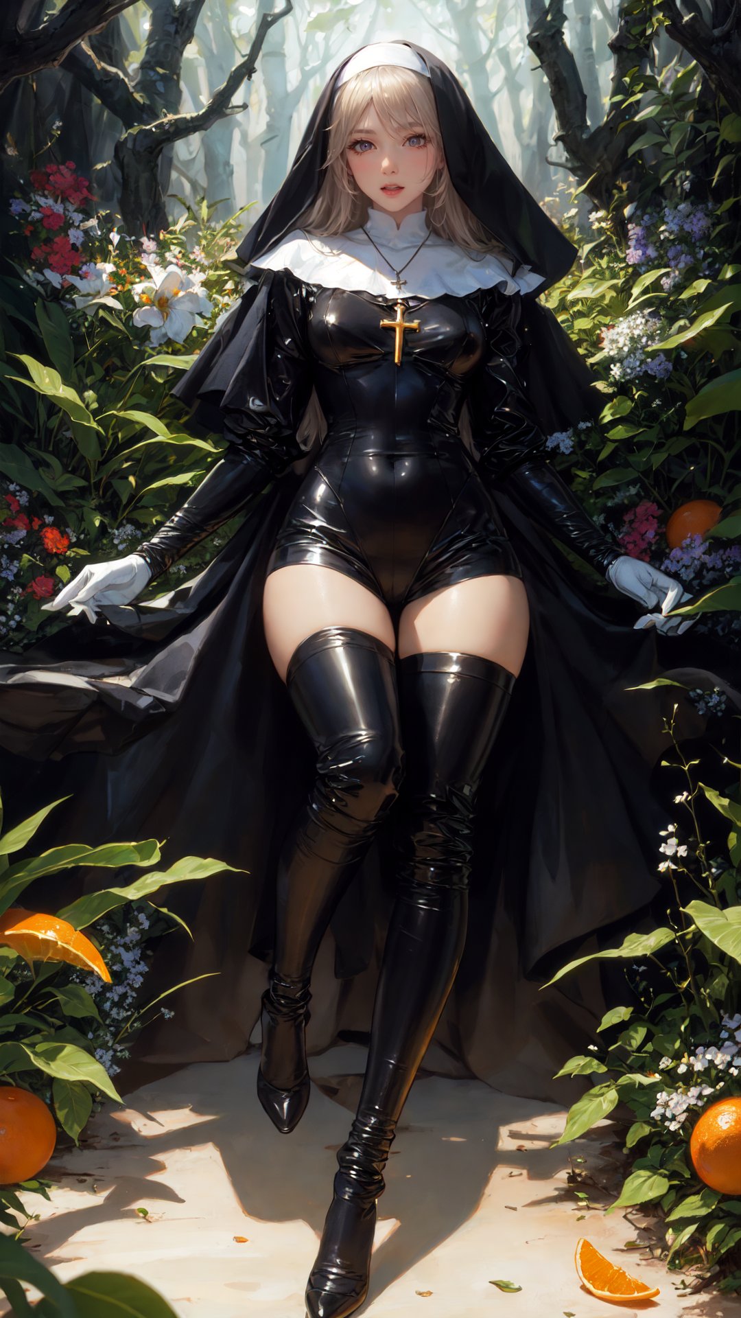 tutututu, nun,cross necklace, latex bodysuit, shiny clothes,thigh_boots,breathtaking detailed soft painting of the edge of the forest with ringing flowers od dream, a girl with a lip of mandarine with crossed knees in a light deluge, shadowed nudity through rainbow, flora and sea, rembrandt style, elegant, highly detailed, artstation, concept art, matte, sharp focus, art by tom bagshaw, luis royo and greg rutkowski, <lora:tutu修女:0.65>