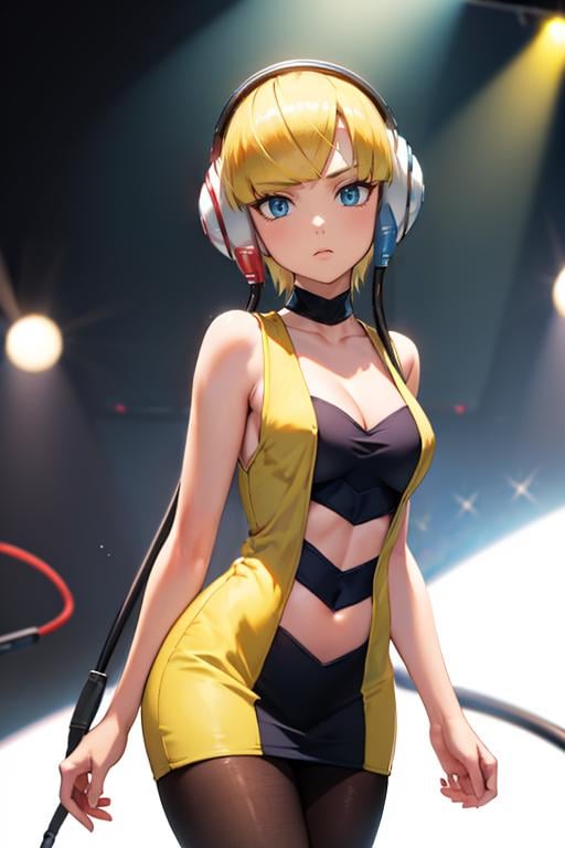 masterpiece, best quality, <lora:elesa-nvwls-v1-000010:0.9> bw1elesa, blonde hair, short hair, headphones, (cables:1.4), choker, cleavage, black and yellow dress, short dress, clothing cutout, navel cutout, sleeveless, pantyhose, looking at viewer, emotionless, cowboy shot, runway, stage, spotlight, arms at sides, upper body