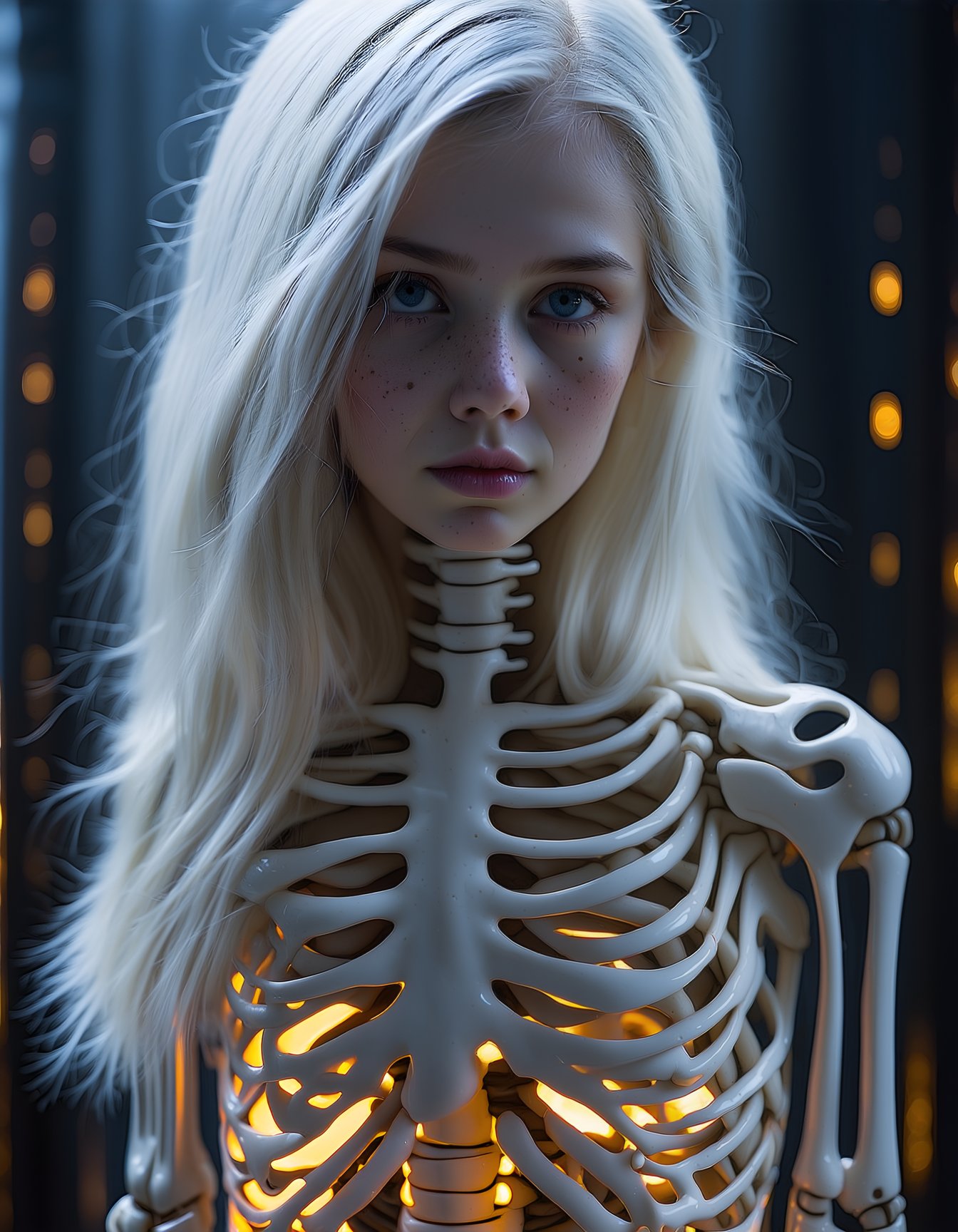 (best quality, 4k, 8k, highres, masterpiece:1.2), ultra-detailed, (realistic, photorealistic, photo-realistic:1.37), 1girl,solo,long hair,looking at viewer,blue eyes,blonde hair,upper body,white hair,nude,lips,freckles,science fiction,realistic,nose,ribs,skeleton,spine ,