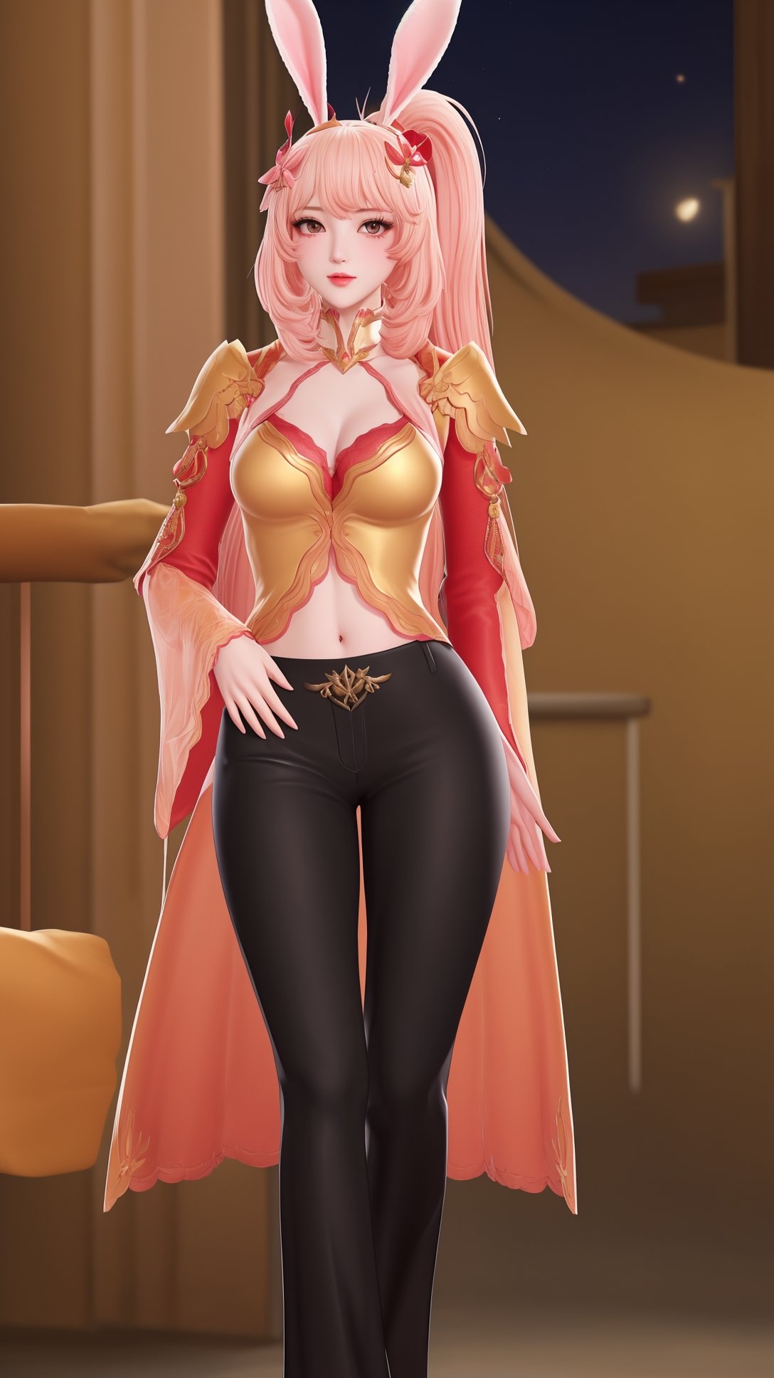 (1girl),smooth chin,masterpiece,detailed face,((hair ornament focus)),top quality,4k,make up,best quality,medium breasts,(looking at viewer),eyes focus,upper body,rabbit ears,pink hair,ponytail,((black pants)),blush,body blush,mature female,navel,light red and light golden mixed sleeves,night sky,arms behind back,long legs,red skirt,hole on pants,walking,<lora:王者 公孙离 原皮_v1.0-000008:0.8>,