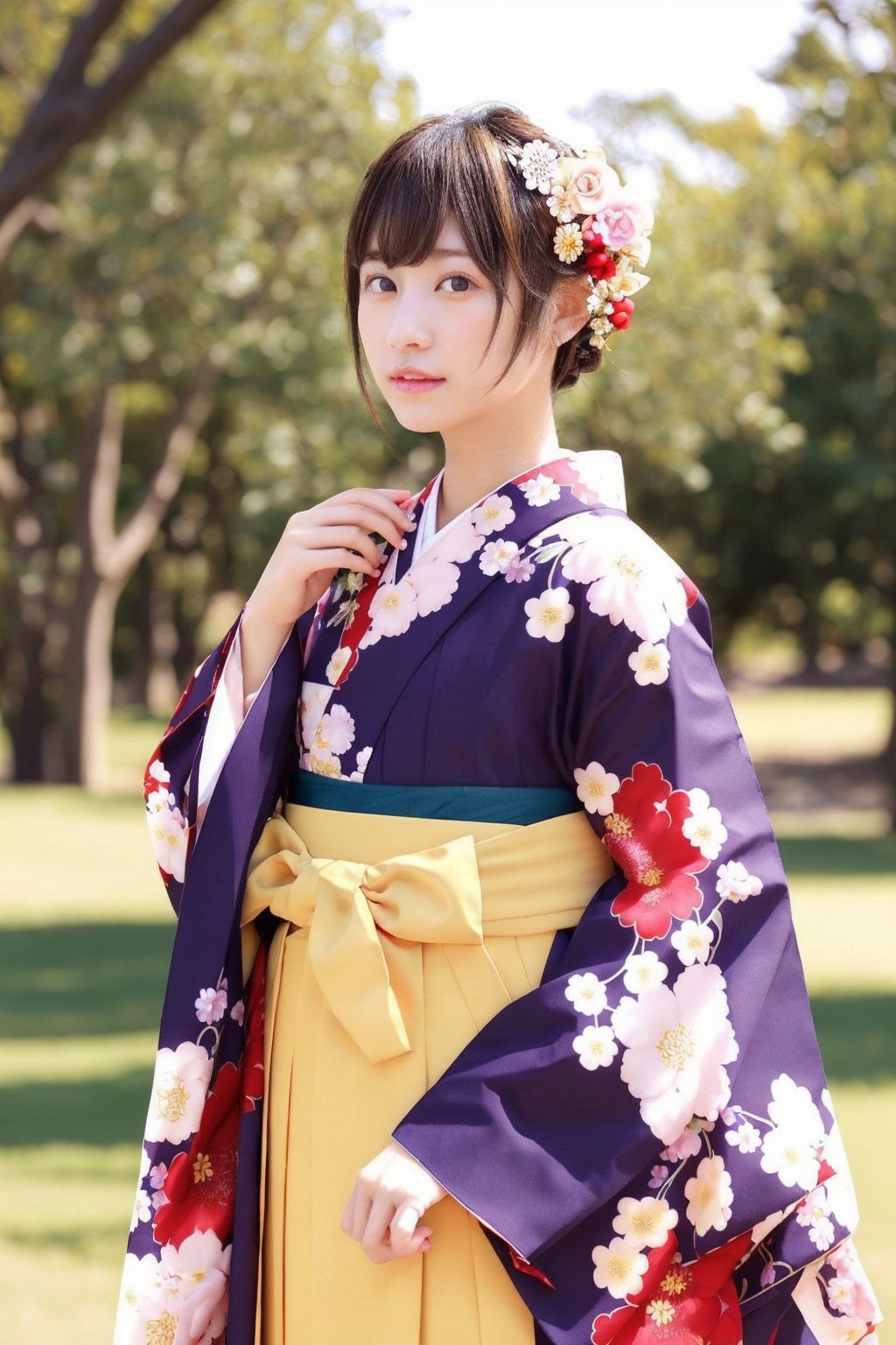 hakama skirt, 1girl, solo, outdoor, cute japanese model girl, kimono, floral print, hair ornament, hakama, looking at viewer, hair flower, brown eyes, bangs, masterpiece, best quality, realistic