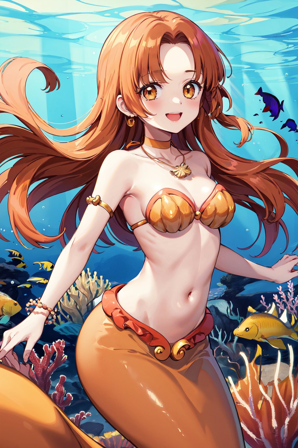 masterpiece, best quality, highres, 1girl, solo, long hair, orange hair, parted bangs, brown eyes, mermaid, choker, necklace, strapless, shell bikini, jewelry, bracelet, armlet, midriff, <lora:seira_v1:0.7>, underwater, smile,