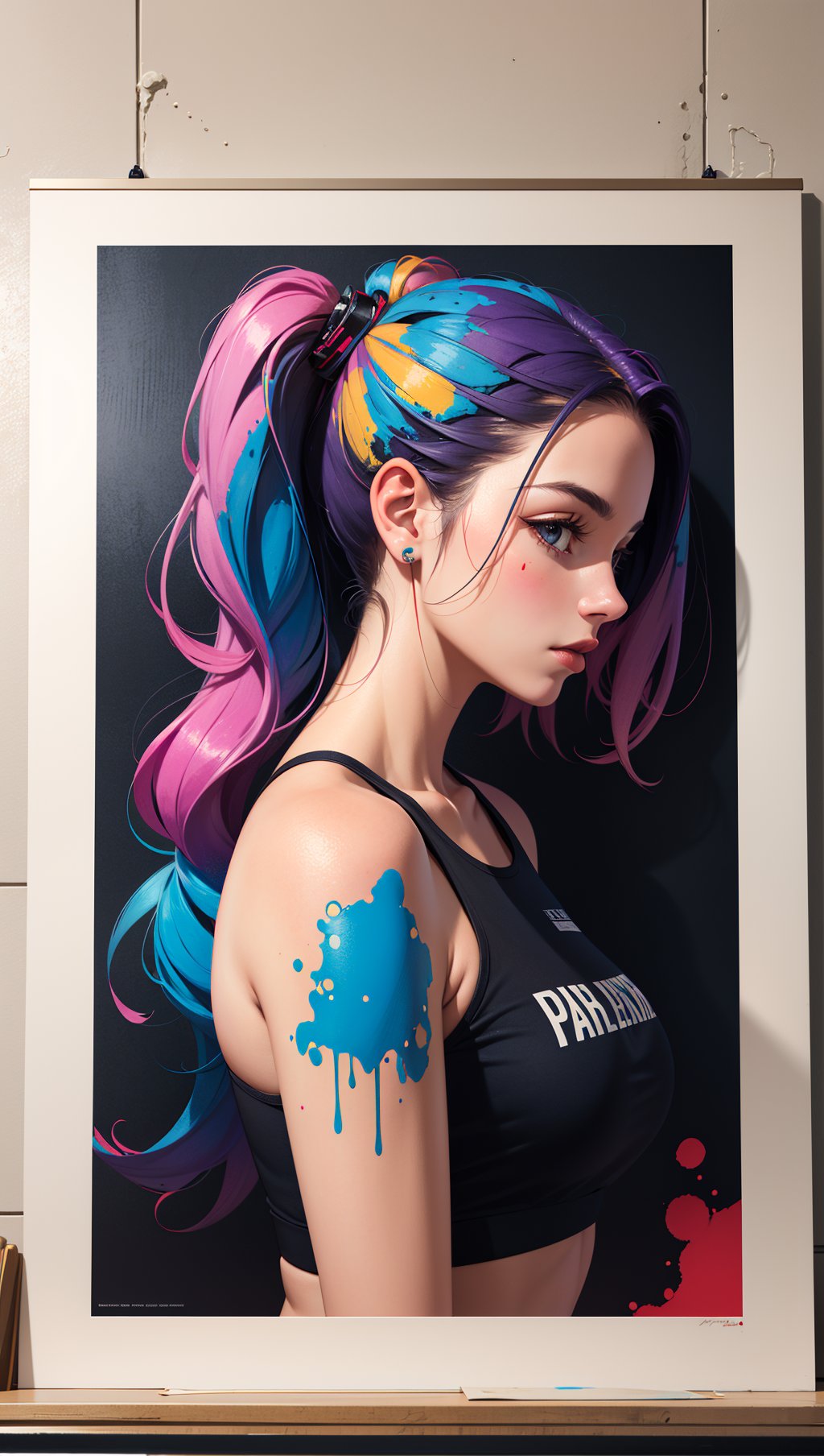 A color poster of a mixture of graffiti and paint on a wall,portrait of a woman,upperbody,minimalist,with dynamic movement and bold colors,mixture,