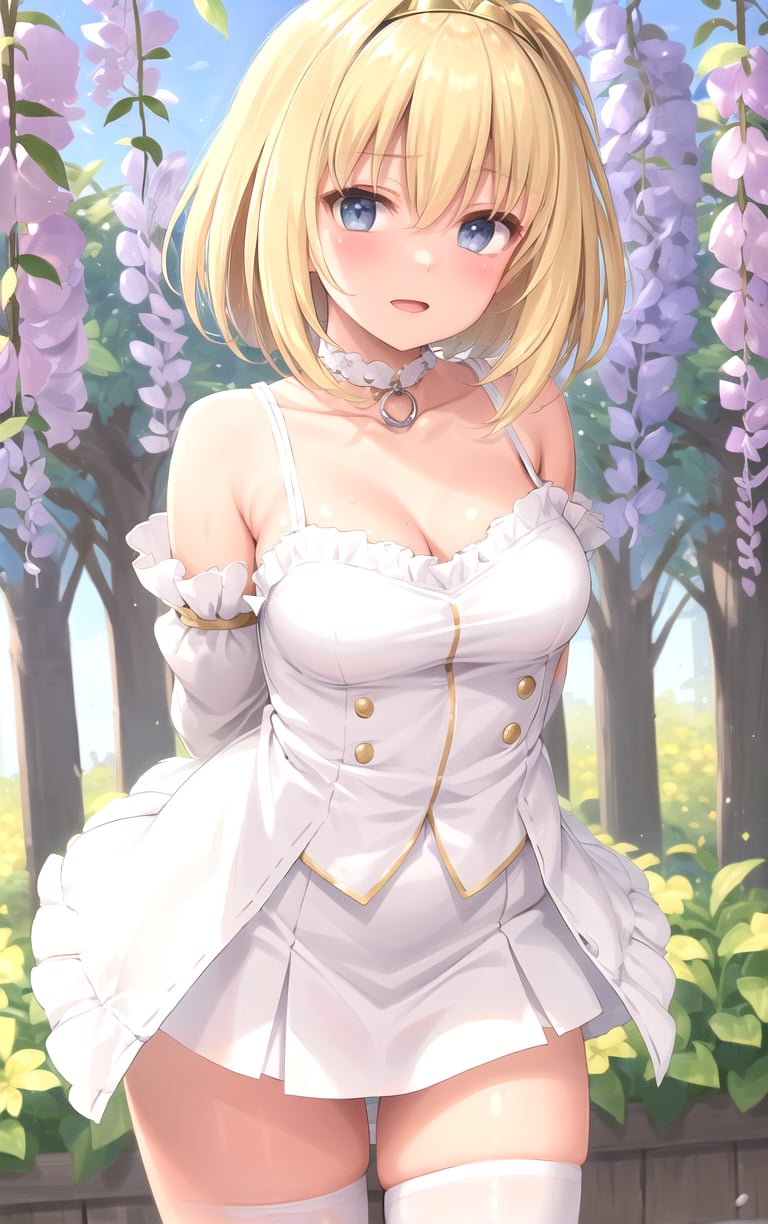 (masterpiece, best quality:1.4), insaneres, absurdres, solo, looking at viewer,BREAK FAP_ARTSTYLE_sasaame_ra_ownwaifu,1girl, armlet, bangs, bare shoulders, blonde hair, collarbone, frills, hair between eyes,  skirt, thighs, white jacket, wide sleeves, yellow thighhighs(leaning forward, arms behind back), cowboy shot, garden, wisteria, outdoors, <lora:FAP_ARTSTYLE_sasaame_ra_ownwaifu:0.85> , depth of field 