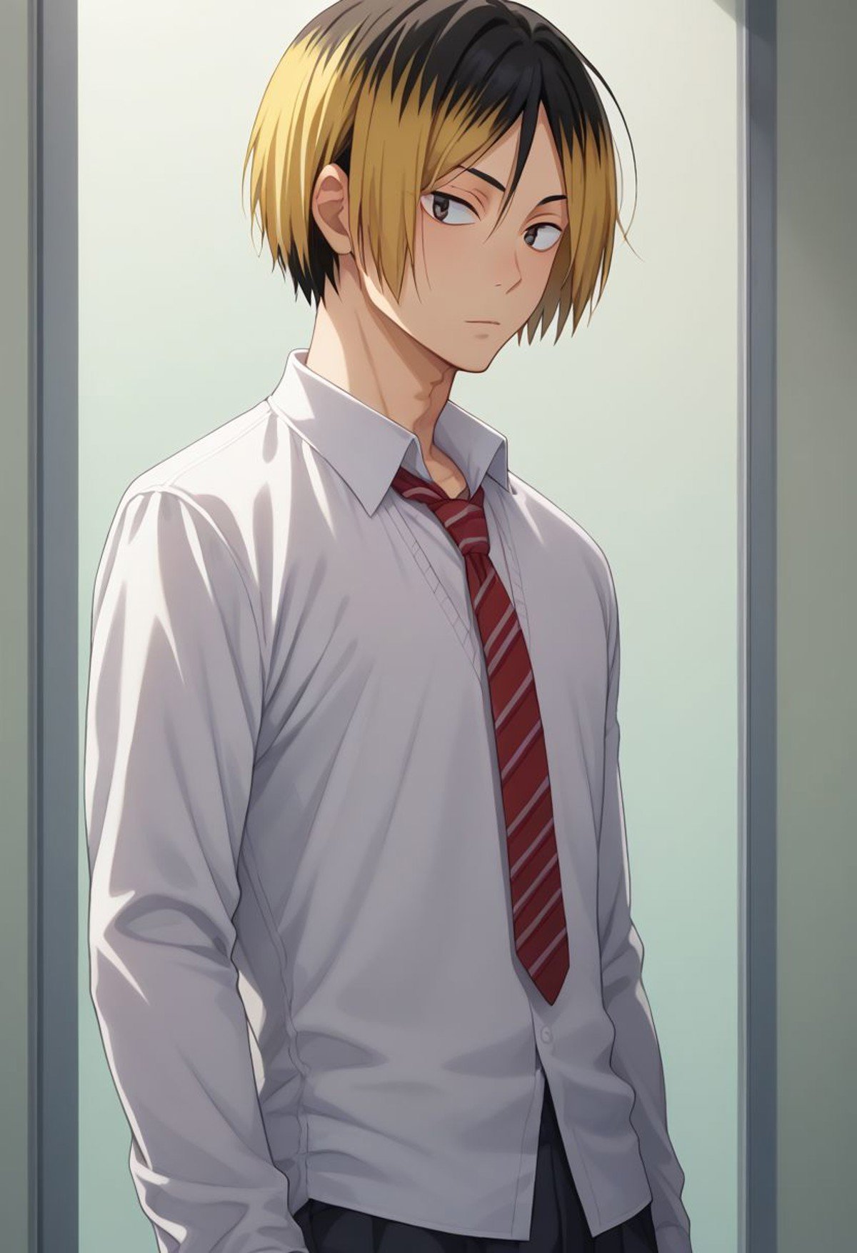 score_9, score_8_up, score_7_up, source_anime, highly detailed, kenma, 1boy, male focus, solo, blonde hair, multicolored hair, two-tone hair, black hair, school uniform, shirt, white shirt, sweater, grey sweater, necktie, red and black necktie, striped necktie, skinny,indoor,