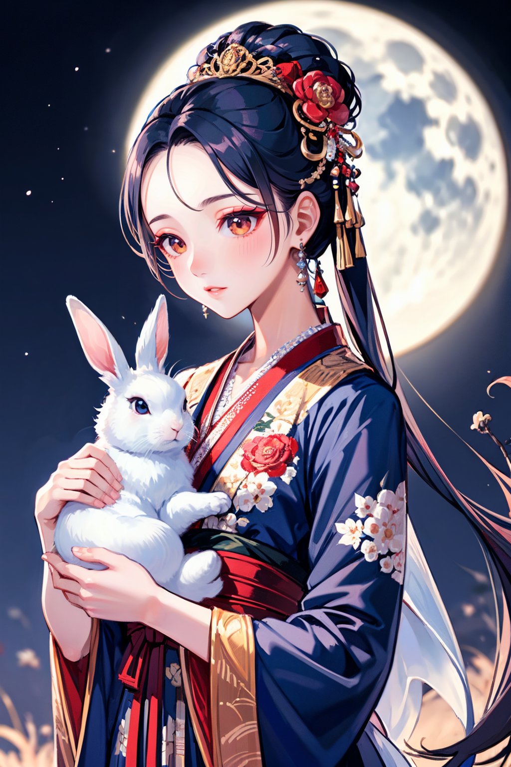 cka01,1girl,rabbit,moon,jewelry,holding animal,hanfu,earrings,hair ornament,night,full moon,chinese clothes,black hair,long sleeves,upper body,solo,makeup,night sky,blurry,flower,sky,blue dress,wide sleeves,blurry background,floral print,hair flower,looking down,<lora:cy01:0.8>,, best quality, ultra-detailed, masterpiece, finely detail, highres, 8k wallpaper