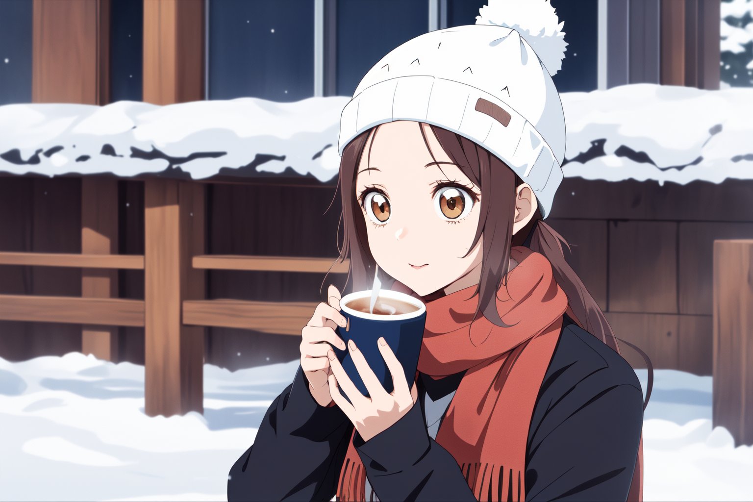 (RAW photo, best quality), 1girl,  natural lighting, <lora:aoi_takamoto_dr_elise_v1_2:1>, aoi takamotowinter, snowflake, sipping coffee, beanie hat, scarf,