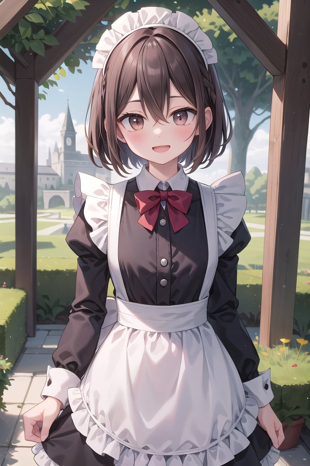 insanely detailed, absurdres, ultra-highres, ultra-detailed, best quality,1girl, solo, nice hands, perfect handsBREAK(cleavage:-1.5),(traditional maid:1.2),apron, blush, bow, bowtie, frilled apron, frills, long sleeves, maid, maid apron, maid headdress, waist apron, white apron,(maid costume, maid hair dress:1.3), long skirtBREAKhappy smile, laugh, open mouthBREAK,standing, cowboy shot, looking at viewerBREAKslender, kawaii, perfect symmetrical face, ultra cute girl, ultra cute face, ultra detailed eyes, ultra detailed hair, ultra cute, ultra beautifulBREAKfantasy world, garden of a castle, depth of field, ultra detailed backgroundBREAKmedium breastsBREAK(brown hair, brown eyes), short bob cut, hair between eyes