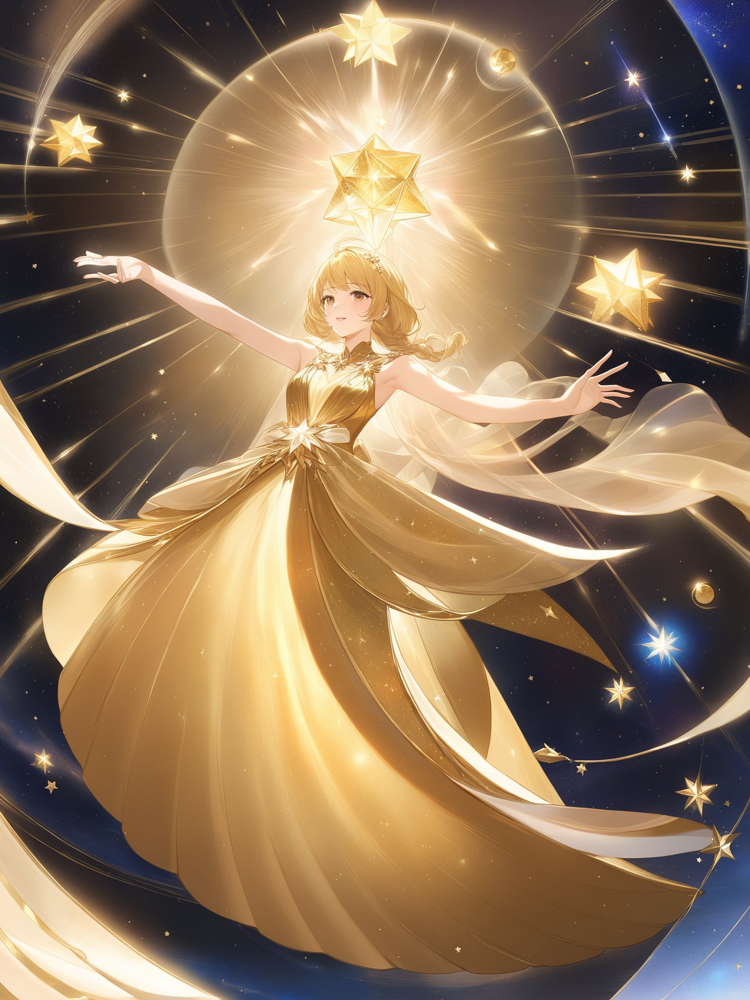 1masterpiece, best quality, <lora:Asyysa JR2-000016:1>,a young woman with short,blonde hair,wearing a golden dress adorned with a pattern of stars and constellations. She is suspended in a starry,space-**** environment,surrounded by various celestial objects such as planets and stars. The woman is reaching out towards a bright,multicolored light source,while her other hand holds a boot. The image is filled with a festive atmosphere,with confetti and star-shaped debris scattered around her. The overall composition gives the impression of a joyful celebration or a magical moment frozen in time.,, masterpiece,best quality   ,  good structure,Good composition,good atomy  ,   clear, original,beautiful  ,