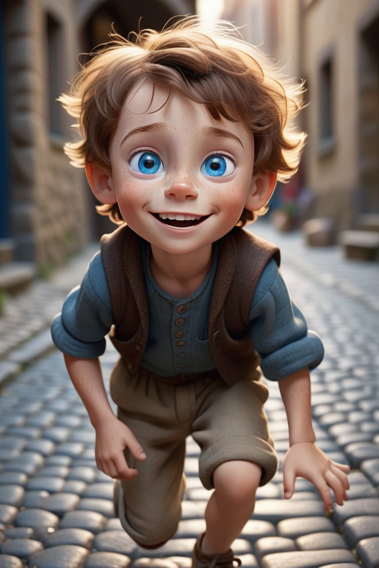 Create a highly detailed, 3D animated portrait of a young boy with strikingly expressive blue eyes, a wide smile, and a look of innocent wonder. The child should have freckles and tousled brown hair, with the lighting highlighting the texture of the skin and hair. Position the child on a cobblestone street, with the background subtly blurred to keep the focus on the child's face. The setting should suggest a historical or medieval context, with the child wearing simple, rough-spun clothing. The overall tone of the image should evoke a sense of curiosity and adventure, capturing the child's awe and excitement at exploring their surroundings