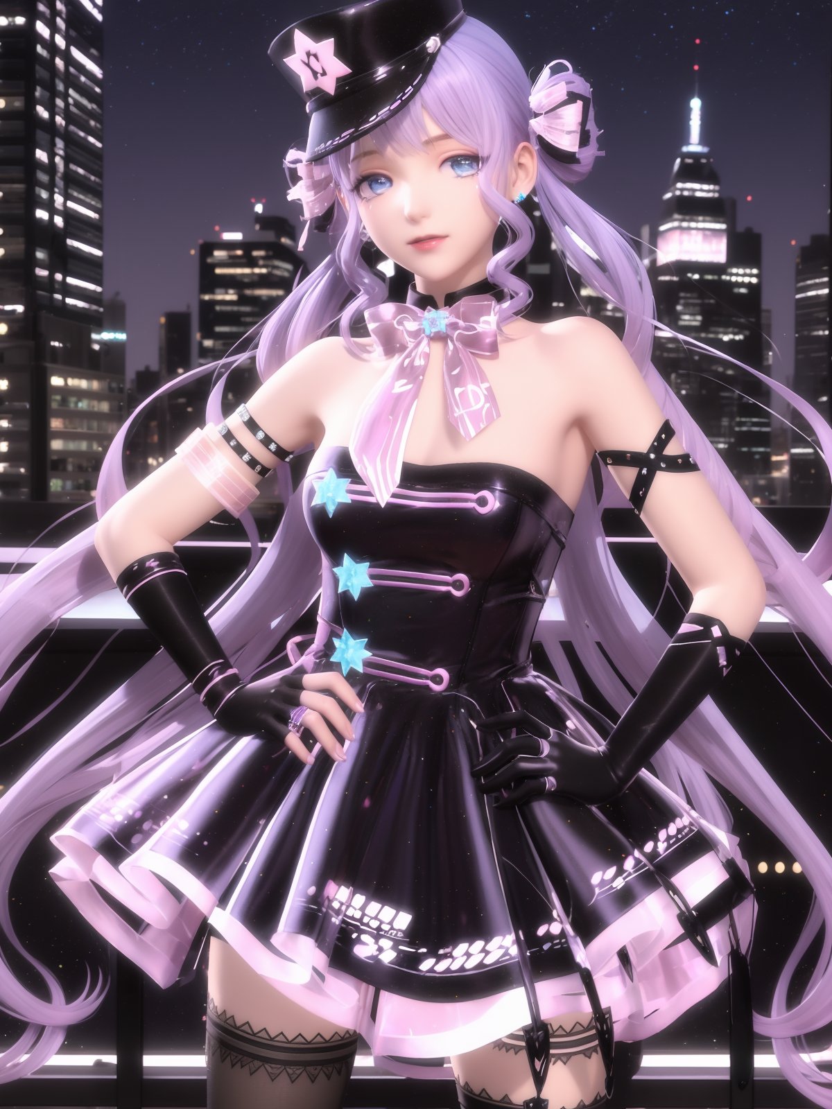 SYNNyuwangzhiyin, 1girl, solo, hat, thighhighs, gloves, long hair, twintails, blue eyes, choker, looking at viewer, standing, star (symbol), asymmetrical legwear, dress, purple hair, black gloves, bow, jewelry, bare shoulders, <lora:BLCS2tianqiong:0.75>,cityscape, night, thigh strap, 