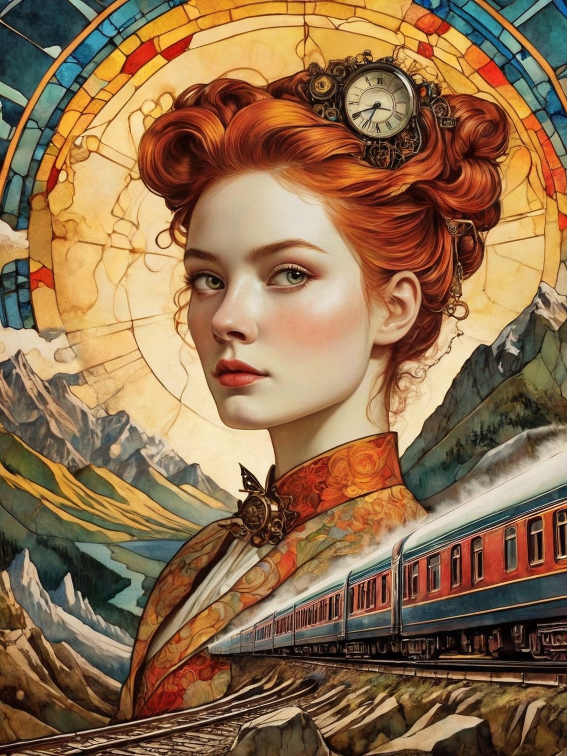 traveling postcard beautiful vintage ink , lithography, , double exposure. , sharp eyes glittering , fantasy, fairytale, detailed ink, steampunk dynamic poster, art on a cracked paper , fantasy, triadic colors, close up gracious young ginger steampunk lady , close macro portrait, train, smoke, train station landscape, steampunk city, night. , mountains, red sun, dynamic pose, light on face, shadow play, perfect face, sharp glowing eyes, by James Jean, Craola, Mumford ,Royo Andy Kehoe, patchwork, stained glass, storybook illustration, highly detailed unusual beautiful details, intricated, intricated pose, tiny details masterpiece, high quality, intricated lighting, luminism,<lora:GoodPhotoV1.0_alpha1.0_rank8_noxattn_700steps:1>