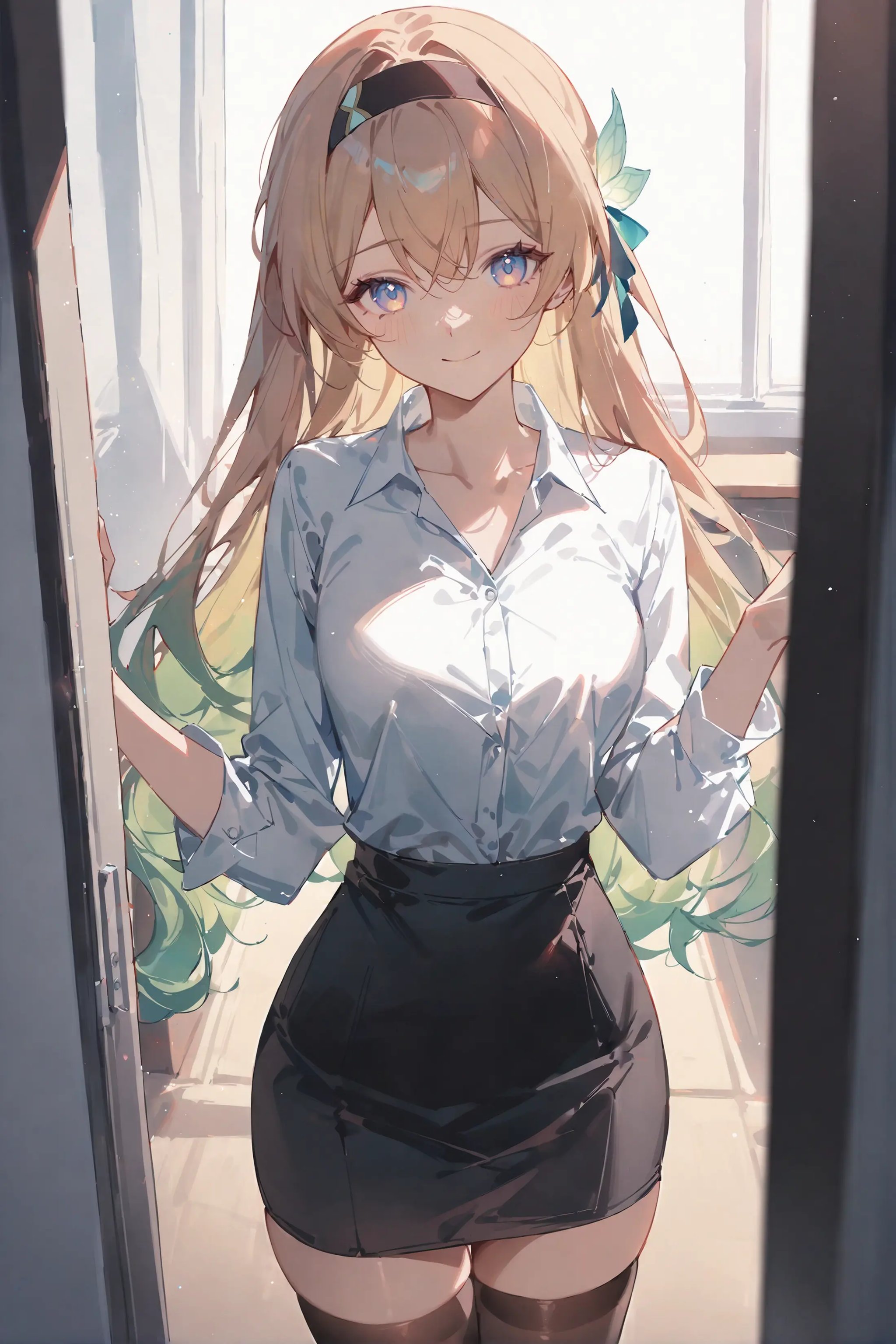 masterpiece, best quality, very aesthetic, ray tracing, newest,(hitenkei, askzy:0.5), 1girl, firefly \(honkai: star rail\), hairband, solo, office lady, collared shirt, white shirt, pencil skirt, black thighhighs, looking at viewer, cowboy shot, light smile, office, indoors, depth of field <lora:Char-HonkaiSR-Firefly-XL-V2:0.9>