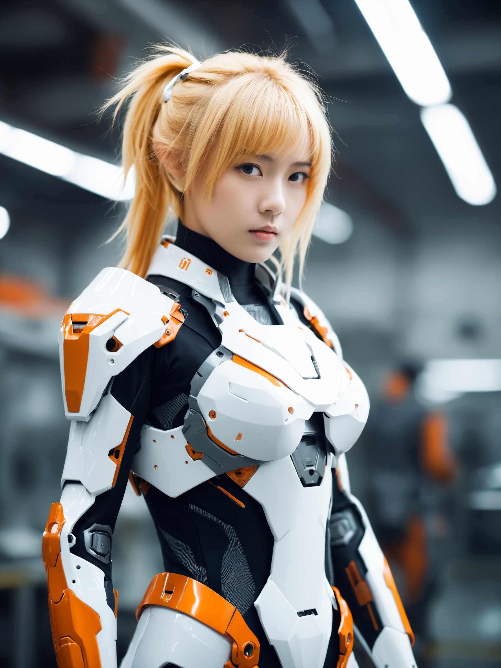 best quality, masterpiece,photo of 1girl, mecha suit,  menpo, upper body, underboob, close-up portrait, white orange armor, blonde shimmering hair, trimmed gear, In a futuristic weapons factory, professional photo, high contrast exposure, soft bokeh, high key light, hard shadow, soft bokeh, simple background,