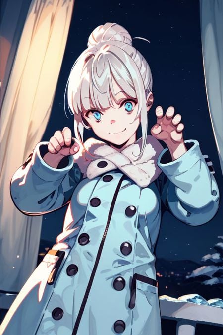 score_9, score_8_up, score_7_up, 1girl, looking at viewer, paw pose, light smile, silver hair, single hair bun, curtain bangs, ice blue eyes, small breasts, yellow fur-trimmed coat, night, airfield, dutch angle <lora:pako_(pakosun)_PonyXL_style_v01:1>