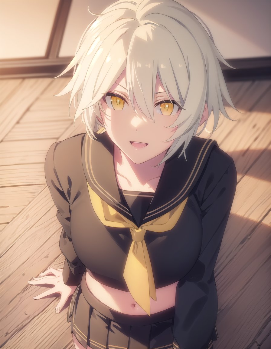 skmiyabi, <lora:sk miyabi s1-lora-nochekaiser:1>,miyabi, bangs, hair between eyes, (yellow eyes:1.3), white hair,BREAK skirt, shirt, long sleeves, navel, school uniform, pantyhose, pleated skirt, necktie, serafuku, midriff, black skirt, sailor collar, black shirt, black sailor collar, (black serafuku:1.2),BREAK indoors, classroom,BREAK looking at viewer, (cowboy shot:1.5), smile,BREAK <lyco:GoodHands-beta2:1>, (masterpiece:1.2), best quality, high resolution, unity 8k wallpaper, (illustration:0.8), (beautiful detailed eyes:1.6), extremely detailed face, perfect lighting, extremely detailed CG, (perfect hands, perfect anatomy),