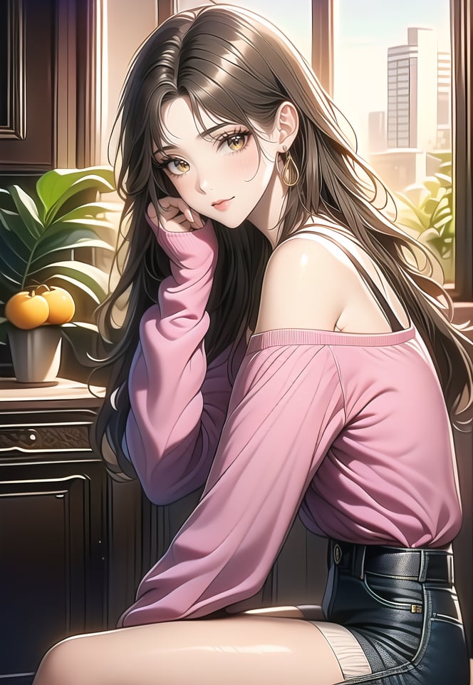 (best quality), ((masterpiece)), (highres), illustration, original, extremely detailed,1girl, solo, long hair, looking at viewer, jewelry, earrings, off shoulder, bare shoulders, long sleeves, sitting, shorts, indoors, closed mouth, food, plant, fruit, breasts, brown hair, denim, bangs, shirt, sleeves past wrists, orange \(fruit\), piercing, parted bangs, from side, yellow eyes, window, denim shorts, brown eyes, hoop earrings, potted plant, medium breasts, short shorts, cleavage, smile