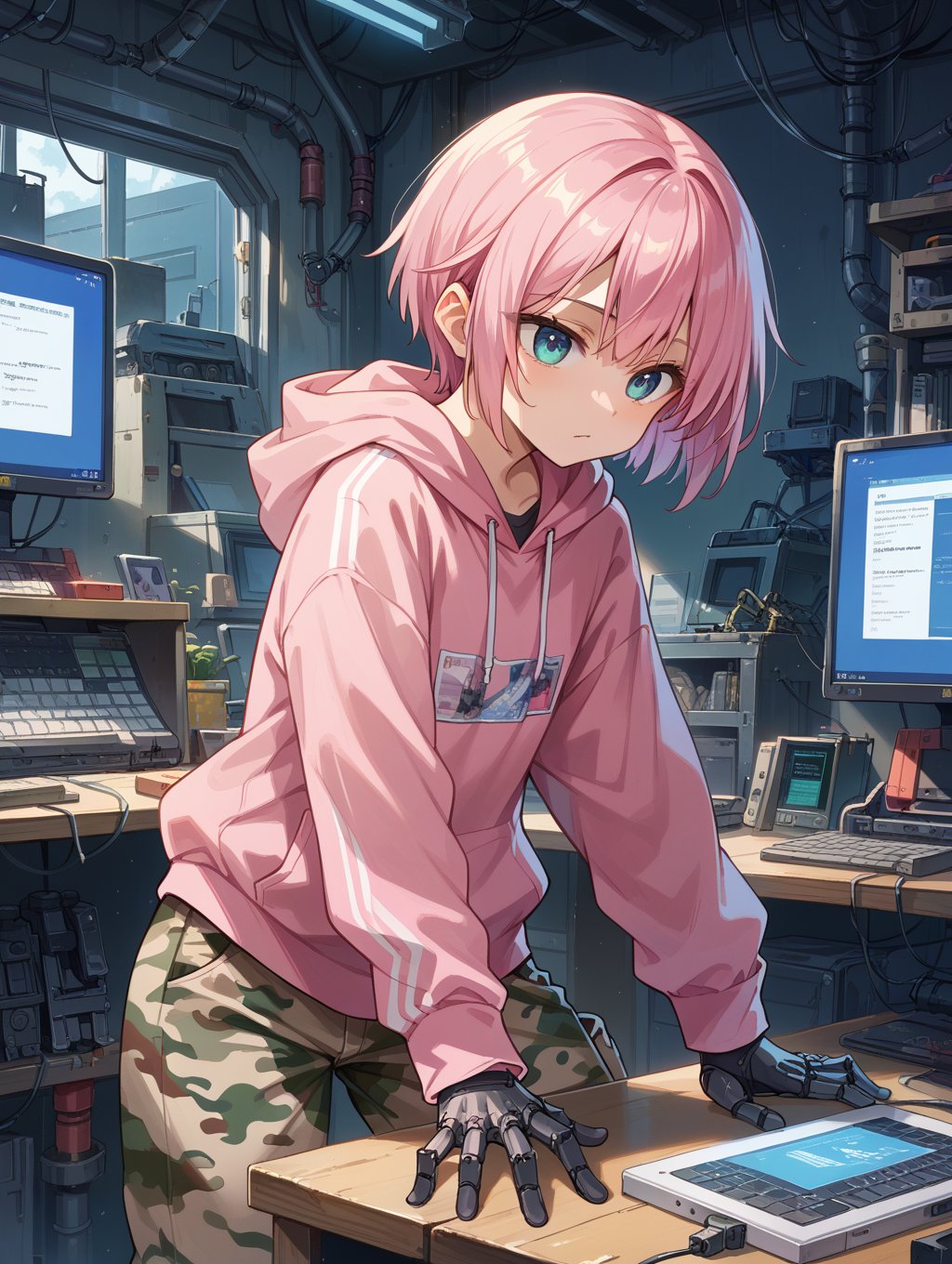 score_9, score_8_up, score_7_up,source_anime,BREAK,android, mechanical arms, short hair, pink hoodie, hood down, camouflage, drawstring, long sleeves, gloves, no pants, mechanical legs, indoors, computer,,