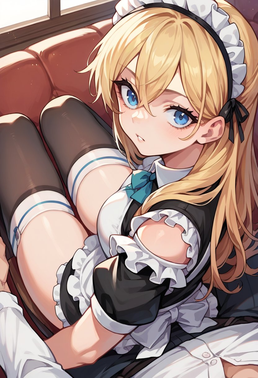 score_9, score_8_up, score_7_up, score_6_up, source_anime, 1girl, long hair, blonde hair, blue eyes, pov, sitting on lap, looking at viewer, maid, thighhighs, panties, <lora:pov_sitting_on_lap_v0.1-pony:1>