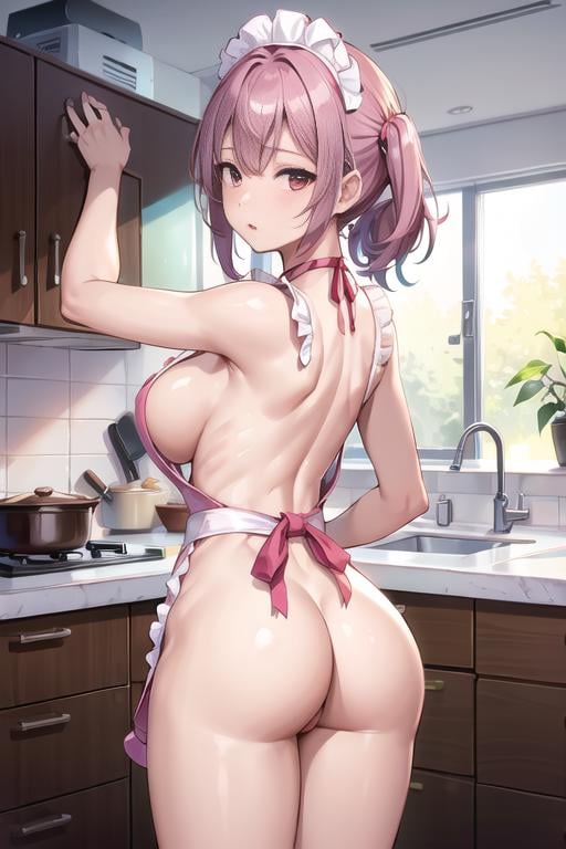 a woman is cooking, (wearing nude_kitchen_apron:1.3), back view,good hand,4k, high-res, masterpiece, best quality, head:1.3,((Hasselblad photography)), finely detailed skin, sharp focus, (cinematic lighting), soft lighting, dynamic angle, [:(detailed face:1.2):0.2], medium breasts,(((inside kitchen))), <lora:betterCuteAsian03:0.3>,  <lora:kitchen_apron:0.5>