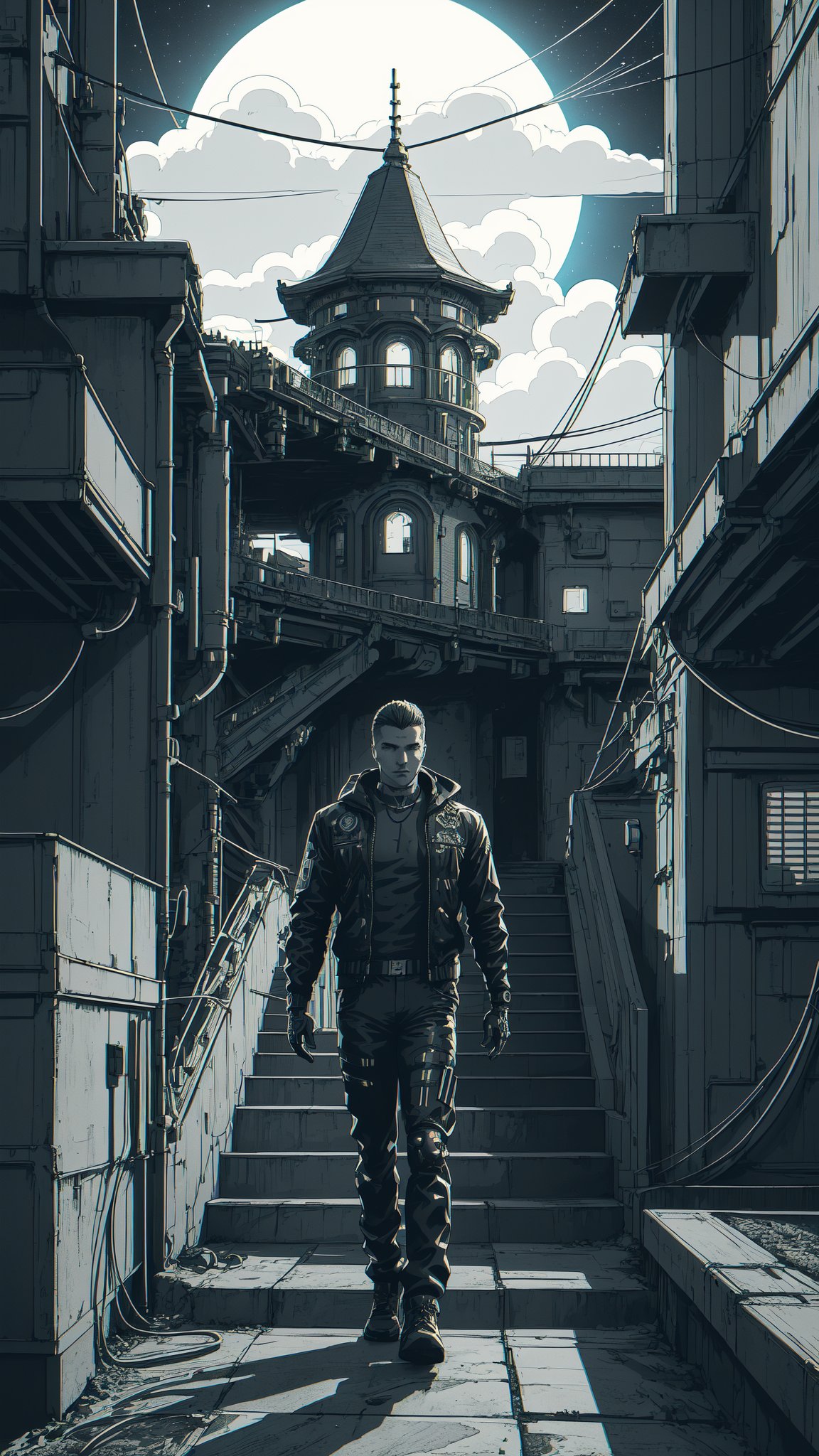 masterpiece, official art, Wave Art Style, (masterpiece, best quality, ultra-detailed, highres), bridge, building, chimney, cloud, fantasy, house, night, night sky, no humans, outdoors, scenery, sky, stairs, star , (sky), starry sky,  tree, high detailed, 8k, outrun, electric light wires, ultra sharp, extremely detailed, Photorealistic","wallpaper, 1boy, solo, male focus, tattoo, monochrome, cyberpunk, (chromatic aberration), detailed background, mechanical parts, cable, indoors